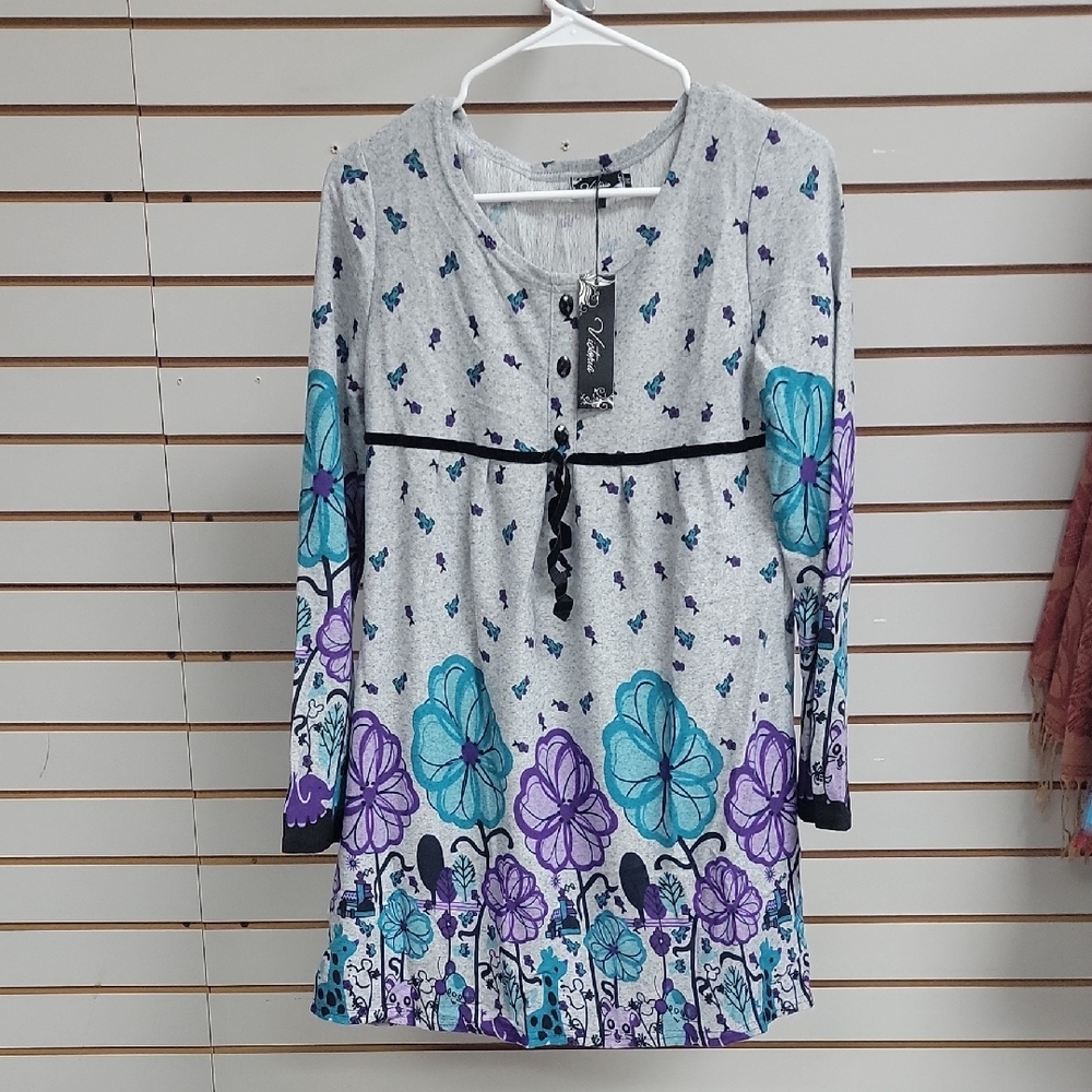 Gray Dress with Blue and Purple Floral Design